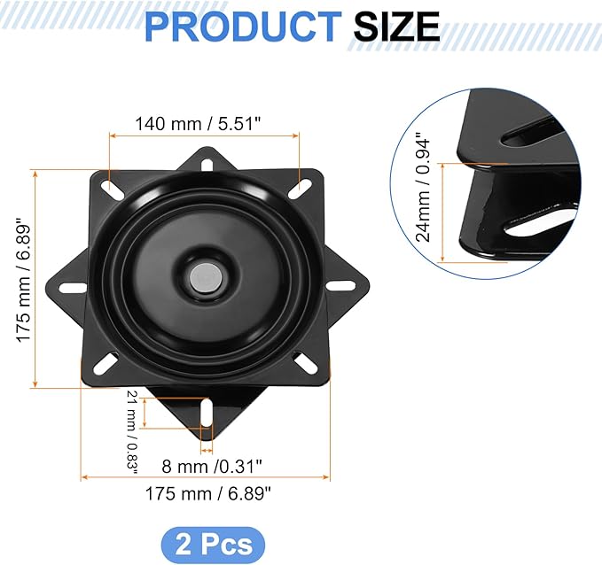 uxcell 7" Bar Stool Swivel Replacement, 360° Rotation Lazy Susan Turntable, Square Ball Bearing Seat Swivel Base Mount Plate for Recliner Chair or Table, Black (175x2mm)