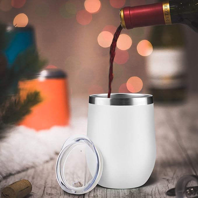 MEWAY 12oz/4 Pack Wine Tumbler Glasses with Lid - Stemless Double Wall Vacuum Stainless Steel Travel Tumbler - Keeping Cold & Hot for Wine,Coffee,Cocktails,Drinks-Family and Gifts (White,Set of 4)