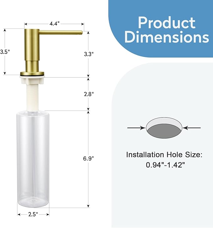 Kitchen Sink Soap Dispenser with 17 OZ Bottle and 40" Extension Tube Kit, Stainless Steel Built-in Soap Dispenser for Kitchen Sink or Countertop, in or Under Sink Installation, Brushed Gold