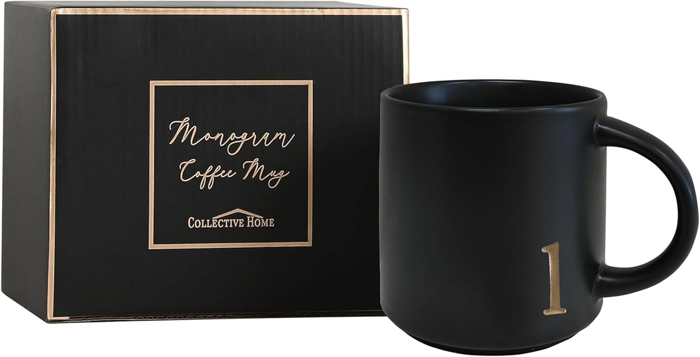 COLLECTIVE HOME - Black Monogram Ceramic Mugs, 15 oz Golden Initial Coffee Cups, Elegant Alphabet Tea Mugs, Personalized Halloween Mug with Gift Box, Perfect for Office and Home Décor (l)