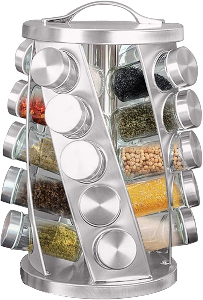 Portable Stainless Steel Spice Rack with 20 Spice Jars Included Revolving Spice Organizer for Kitchen Tower Storage Rack for Spices and Seasoning Silver