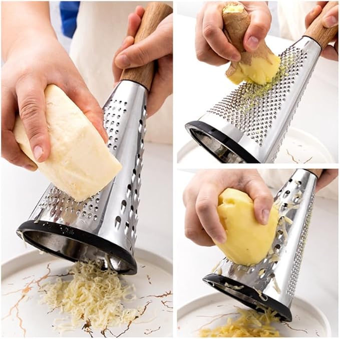 Ciieeo Stainless Steel Vegetable Grater with Wooden Handle - 3-Sided Cone Cheese and Fruit Shredder for Kitchen Use