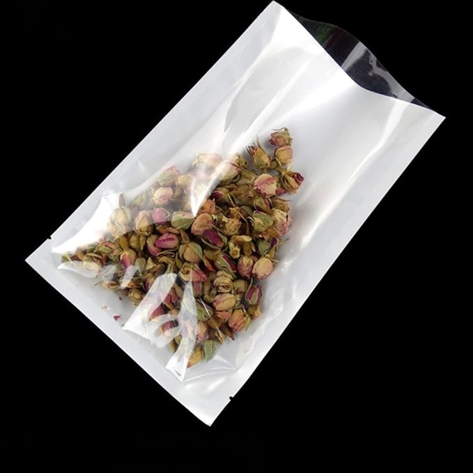 PABCK 100 Pack 3.5x5.1 inch (Usable Size 3.1x4.7 inch) White Front Clear Open Top 2.8mil Plastic Vacuum Pouch Heat Sealable Bags for Food Storage Packets Mini Sample with Tear Notches
