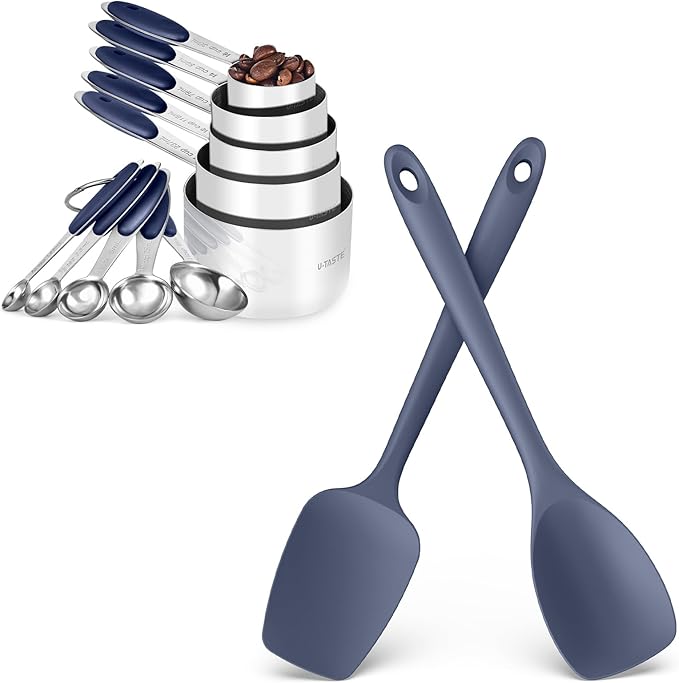U-Taste 18/8 Stainless Steel Measuring Cups and Spoons Set of 10 and 600ºF Heat Resistat Silicone Flexible Baking Spoon Spatula & Cooking Scoop Spoonula (Midnight Blue)
