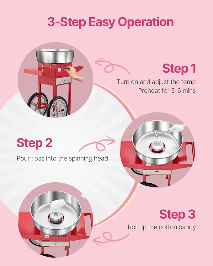 VEVOR Electric Cotton Candy Machine with Cart, 1000W Commercial Candy Floss Maker with 20.5 in Stainless Steel Bowl, Sugar Scoop, and Drawer, Easy to Use, for Home, Kids Birthday, Family Party, Red