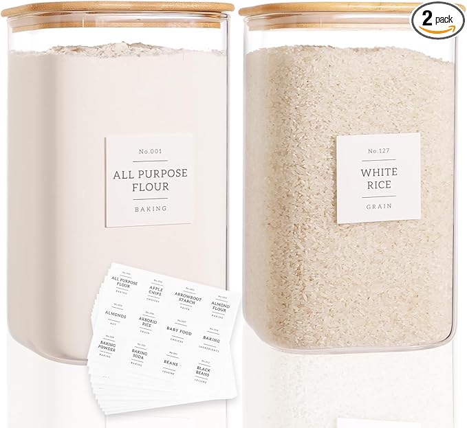 CZZGSM 2 Pack Square Glass Flour and Sugar Containers with 132 Kitchen Pantry Labels - Thicken 149 FL OZ Large Glass Storage Jars with Airtight Bamboo Lid - Big Food Canisters for Rice, Pasta, Cookie