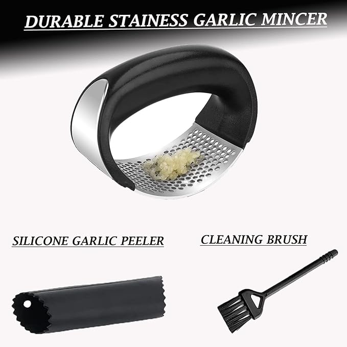 Angel's Peel Lounge Stainless Steel Garlic Press Rocker Set with Silicone Garlic Peeler & Cleaning Brush – Garlic Chopper, Mincer, Grater, Crusher – Easy for Crushed Cloves – Rust-Resistant, Black