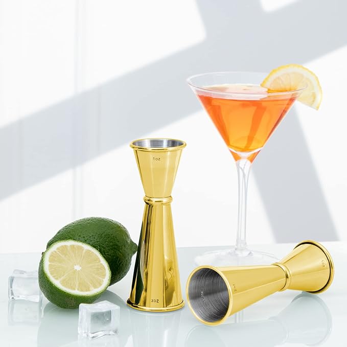 Jigger for Bartending, Briout Double Cocktail Jigger Japanese Premium 304 Food Grade Stainless Steel Jigger 2 OZ 1 OZ with Measurements Inside, Gold