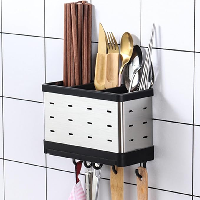 Wall Mount Utensil Holder, Stainless Steel Hanging Utensil Drying Rack Silverware Cutlery Organizer for Spoons, Forks, Chopsticks