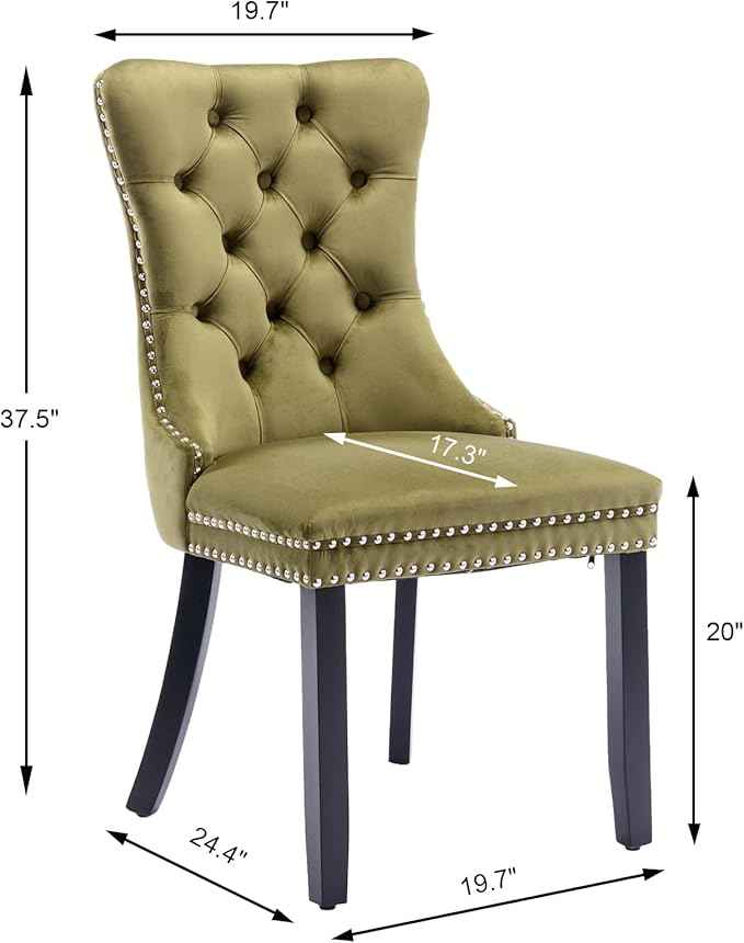 Velvet Dining Chairs Set of 2, Upholstered Dining Room Chairs with Back Ring Pull Trim and Solid Wood Legs,Tufted Wingback Kitchen Chairs for Dining Room,Living Room,Kitchen(Olive Green)