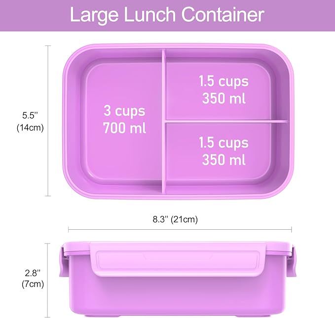 Caperci Classic Bento Lunch Box for Kids & Adults - Leakpoof 47oz Food Lunch Containers for Girls Women, 3-Compartment, Built-in Utensil Set, BPA-Free, Dishwasher/Microwave Safe (Vivid Orchid)