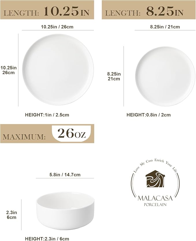 MALACASA Plates and Bowls Sets, 18 Pieces Porcelain Dinnerware Sets Dishware Sets Chip Resistant Ceramic Dish Set Dining Dinner Ware Service for 6, White, Series LUNA