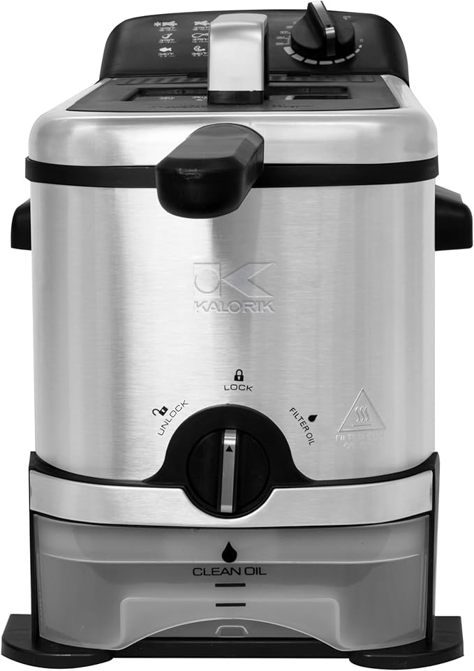 Kalorik Deep Fryer with Oil Filtration, Featuring Adjustable Temperature Control Dishwasher-Safe Basket and Easy-View Window with Odor Filters, 1700-Watts, 3.2-Quart, Silver