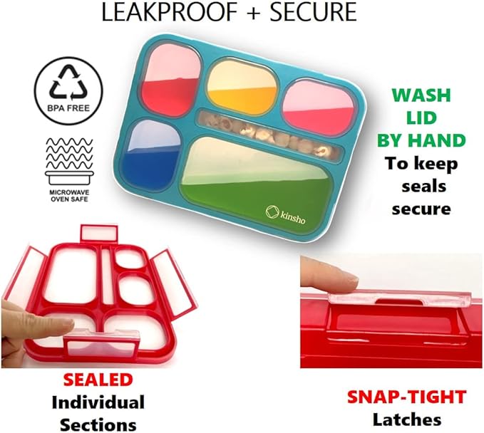 kinsho Bento Box Kids Lunch-Box, Snack Containers for Toddler Daycare, Leakproof School Bentobox 6 Compartment Container for Boys Girls Adults Lunches, Utensils, Red