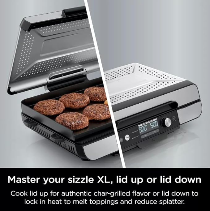 Niinnja Sizzle Pro XL 20" Indoor Griddle & Grill with Pro Temp, Detachable Ventilated Lid, Grease Control, Ceramic Nonstick Plates, Even Edge Cooking, Extra Large Capacity, Silver/Black (Model GX 101)