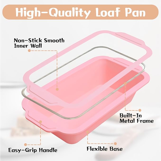 Nonstick Silicone Bread Loaf Pan: 9.5 x 5 Inch Bread Pan for Homemade with Metal Frame - for Baking Oven - Housewife Baker Home Baking Enthusiasts (Pink)