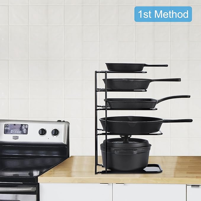 Toplife 2 Pack Heavy Duty Pan Organizer, 5 Tier Pot and Pan Organizer Rack for Cast Iron Skillets, Griddles and Pots - Sturdy Steel Construction- No Assembly Required - Black