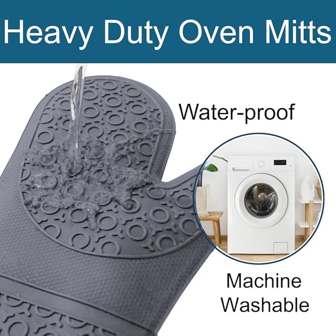 Extra Long High Temp Oven Mitts - 2pcs Commercial, Heavy Duty Non-Slip Grip Mitts - Silicone Heat Resistant Up to 500 Degrees, Ideal for Cooking, Baking & Frying, Grey