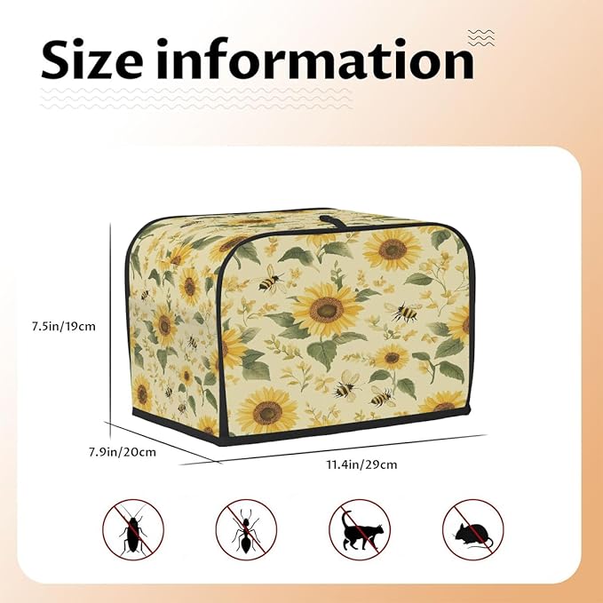 2 Slice Toaster Cover,Sunflower Bee On Retro Small Kitchen Appliance Bread Machine Cover with Pockets,Dust & Fingerprint Protection