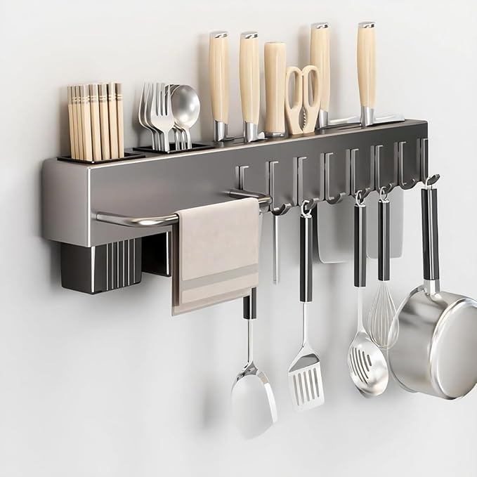 20" Gunmetal Gray Utensil Rack - Space Saving Carbon Steel Wall Organizer with 2 Mounting Types