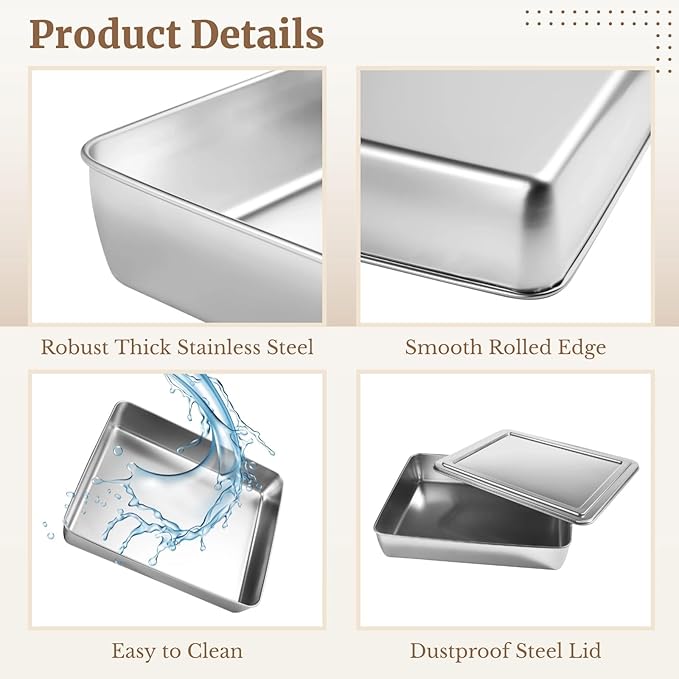 3 Pcs Stainless Steel Cake Pan with Lid, 13/11/9 Inch Cake Pans Sets for Baking, Non-Stick Bread Loaf Pans, Rectangle Baking Bakeware for Bread, Cake, Meat, Vegetables