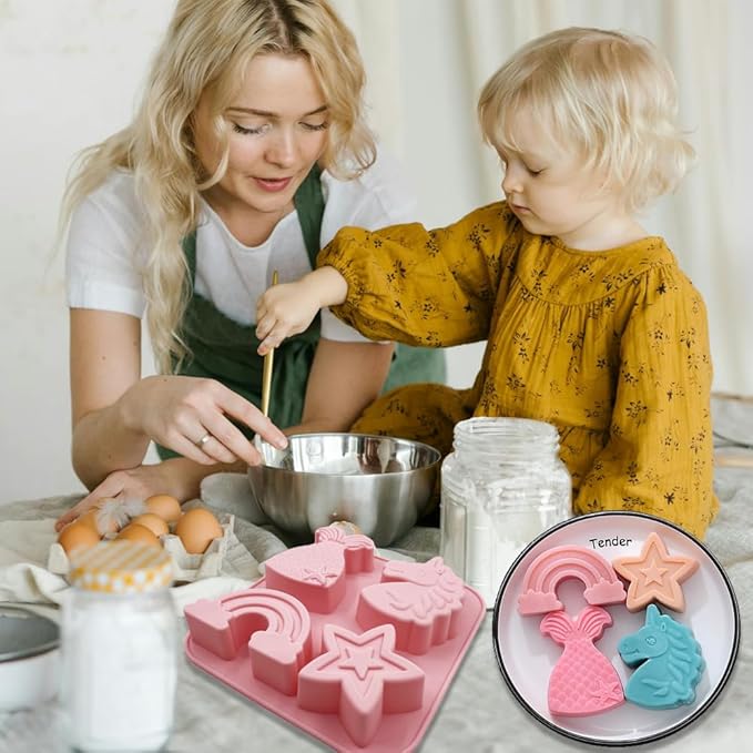 2 Pack Unicorn Molds Silicone 4 Cavity 3D Big Cartoon Themed Baking Mould Tray with Mermaid Rainbow Star for Baby Shower Birthday Party Chocolate Cake Mousse Pastry Soap Crayons Cupcake Topper