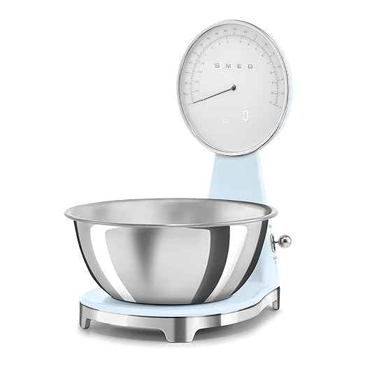 SMEG Retro-Style Analog & Digital Kitchen Scale, 11 lb Capacity, Rechargeable Battery, Backlit LCD Display, Stainless Steel Bowl (Pastel Blue)
