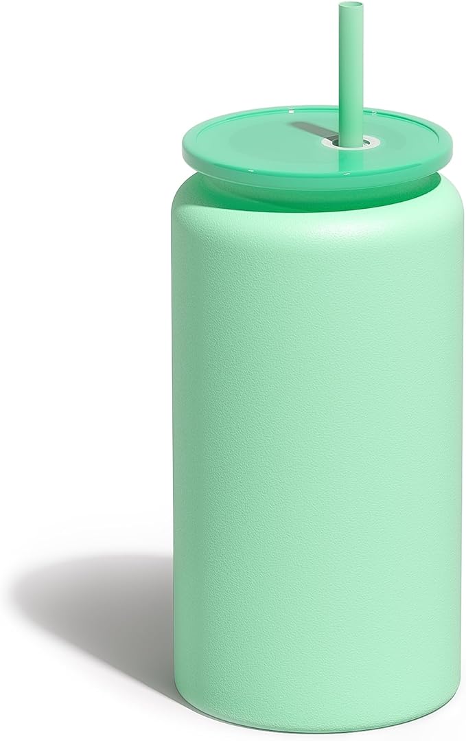 Glass Cups with Lids and Straws, 16oz Stainless Steel, Beer, Iced Coffee, Smoothie, Drinking Cups - Cyan (Textured Matte Finish, Not Sublimatable)
