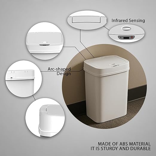 Touchless Motion Sensor Trash Can with Sealing Lid Automatic Soft Close Silent Bathroom Kitchen Office Waste Bin Narrow Rectangular ABS Hands Free Smart Home Garbage Container (White)
