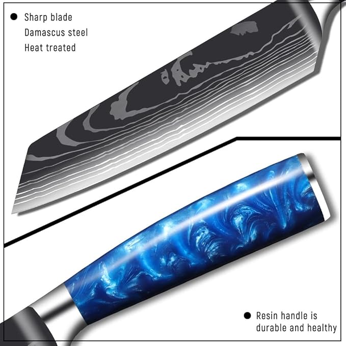 8-Piece Premium Japanese Kitchen Knife Set - Imperial Collection, Laser Damascus Pattern, 440A Stainless Steel Ultra Sharp for Fast Cutting (Blue 8J)