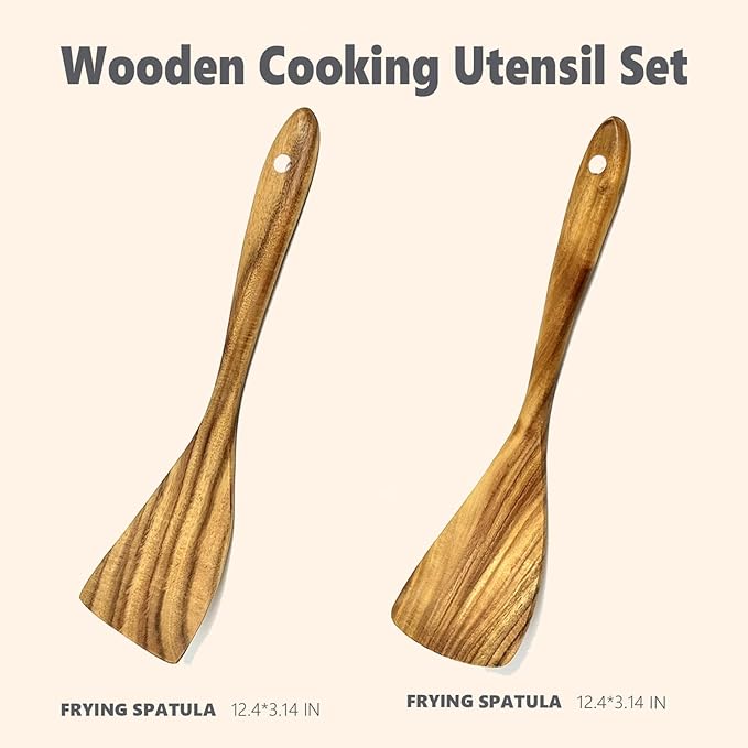 Teak Wood Rigth Handle Flat Turner for Kitchen Use, 2 Pcs Long Wooden Spatula for Cooking, Non Stick Wooden Cooking Utensils Set Flat Spatulas