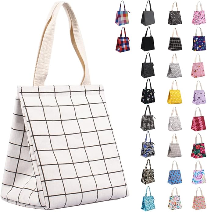iknoe Insulated Lunch Bag for Women & Adults, 9L Foldable Wide-Open Cooler Bag with Pockets, Leakproof & Portable, for Picnic, Office, Beach(White grid)