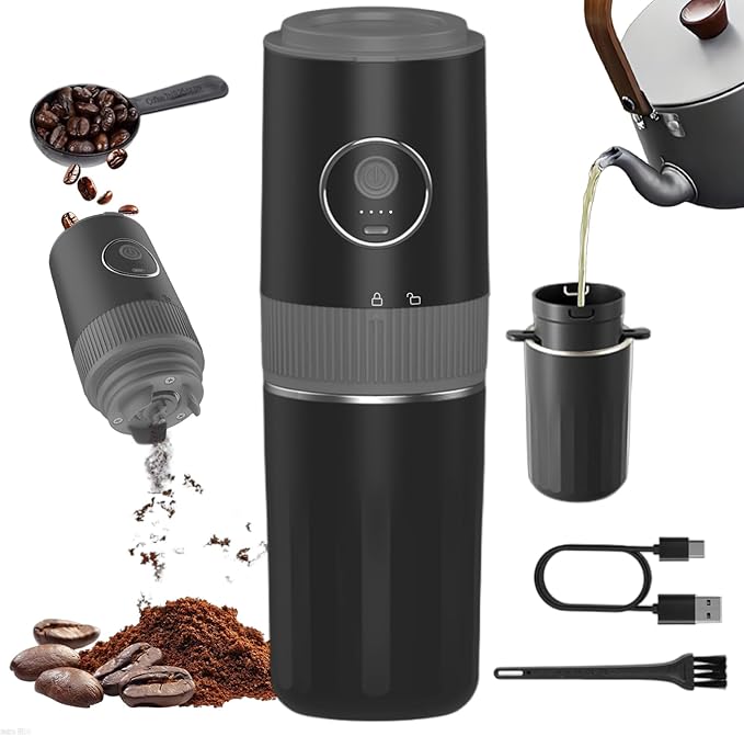 Portable Electric Coffee Grinder and Brewing Kit, Rechargeable, Conical Burr Mini Coffee Grinder with Filter, 32g Capacity & Coffee Cup for Camping, Travel, Office, Espresso, Pour Over, etc (Black)
