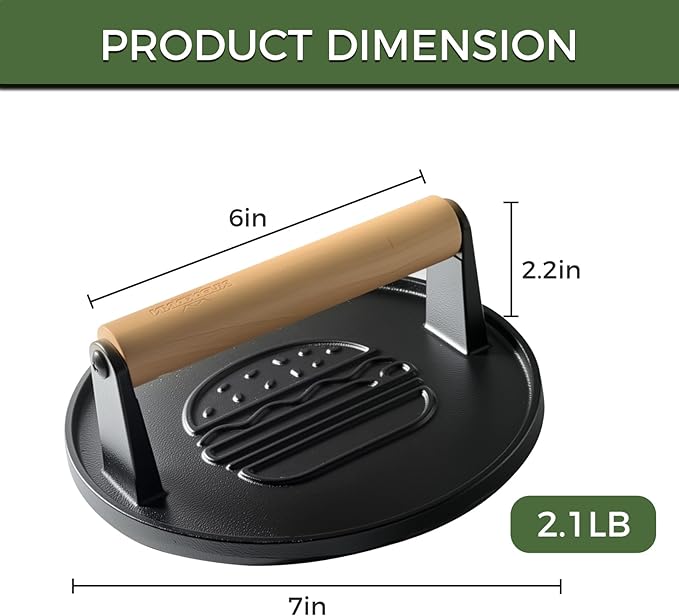 Cast Iron Smash Burger Press 7.1",Grill Bacon Meat Press Tool,Perfect for Blackstone, Camp Chef, Weber Grills & Indoor Griddles – BBQ & Cookout Must-Have (Round -Flat Bottom)