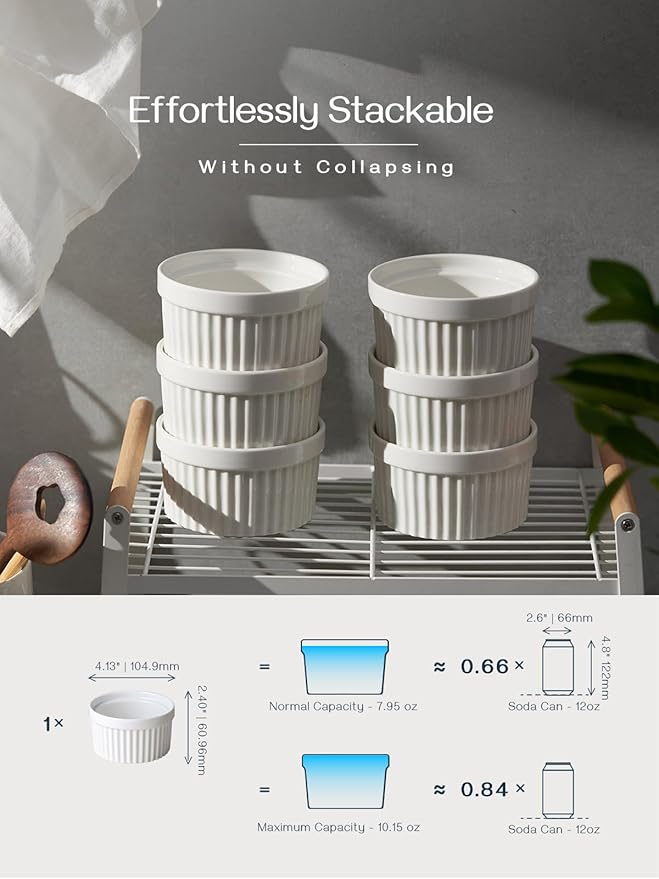 DOWAN Ramekins 10 oz Oven Safe for Creme Brulee, Porcelain Souffle Dishes, Ramekin for Baking, Small Dessert Bowls Dipping Sauce Cups, Set of 6, Soft White