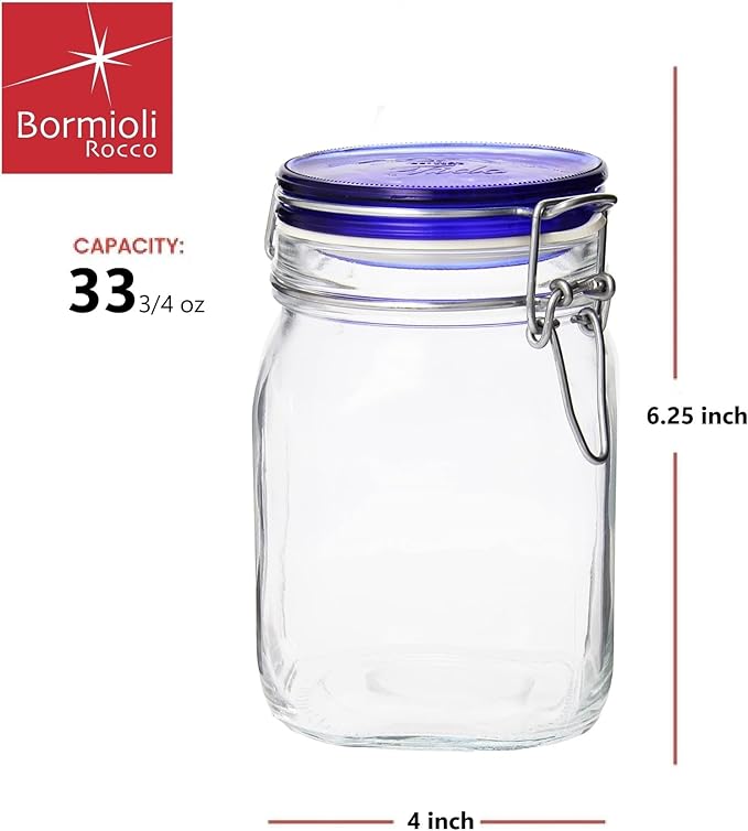 Bormioli Rocco Fido Collection, 2 Pack, 33¾ Oz. Food Storage Glass Jars, Airtight Rubber Seal & Glass Lid, With Stainless Wire Clamp, Made In Italy.