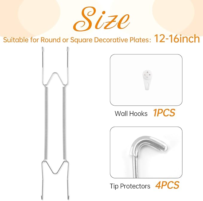 Plate Hangers for The Wall, Suitable for 12-16 inch Decorative Plate, Stainless Steel Wire Plate Holder with Wall Hooks and Rubber tip Protectors, Plate Hangers for Displaying Plates, Platter, Silver