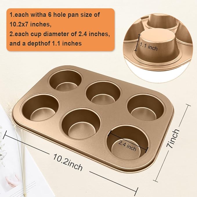 2 Packs Premium Steel Muffin Pan for Baking, Round Muffin Baking Pan, Baking Tray for Muffins, Cupcakes, Brownie(Gold, 6 Cup)