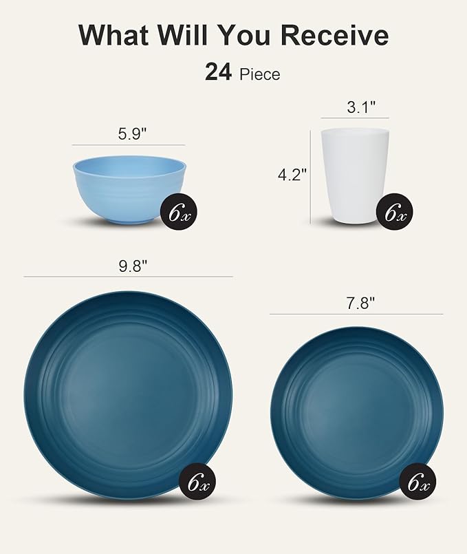 Quatish 24 Piece Plates and Bowls Sets for 6, Unbreakable Dinnerware Sets, Dish Set for Camping, Dishwasher Microwave Safe, Outdoor Kitchen and Apartment Dinning RV Essentials, Blue