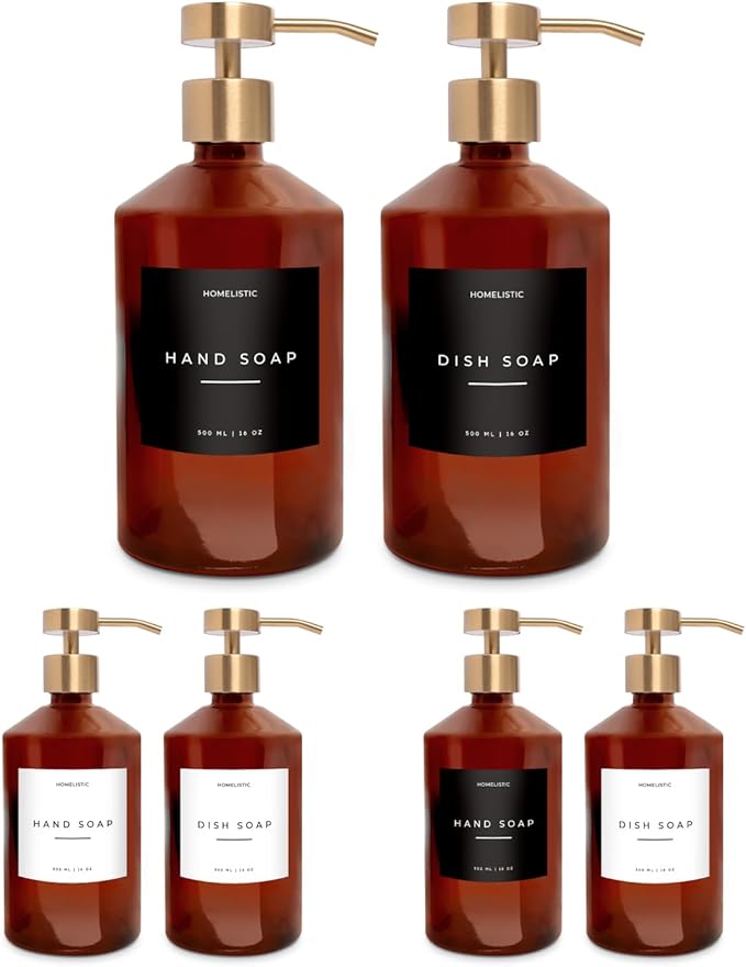 Homelistic Amber Glass Soap Dispenser Set with Champagne Gold Pump – 16oz Refillable Kitchen & Bathroom Soap Dispensers (2 Pack) Rust-Resistant Stainless Steel Pumps, 48 Labels