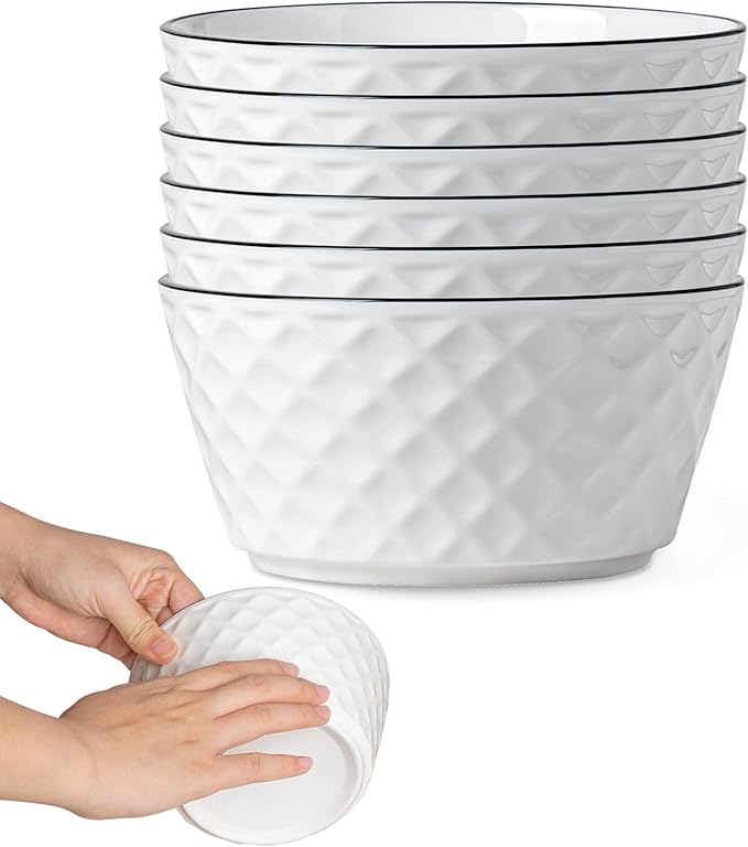 Yeacccng Cereal Bowls Set of 6, 30oz Ceramic Soup Bowls, Scratch-Resistant, Lead-Free, 6 inch White Cereal Bowls for Oatmeal, Salad, Pasta, Soups, Dessert Snacks, Fruits, Dishwasher & Microwave Safe