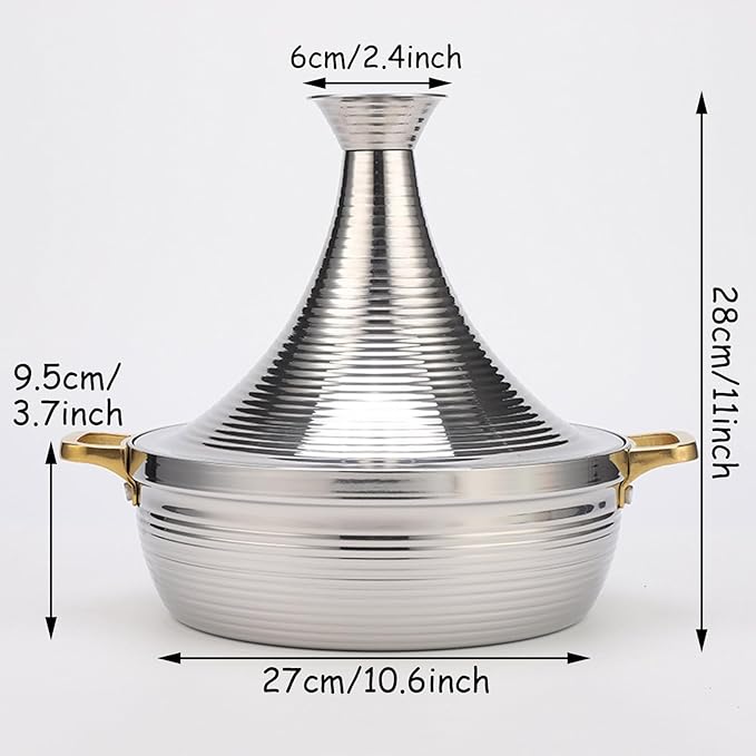 Moroccan Tagine Cooking Pot,Stainless Steel Non Stick Moroccan Casserole with 2 Handles,Large Moroccan Cooker Handmade Tagine Pot with Cone-Shaped Lid(27cm, Silver)