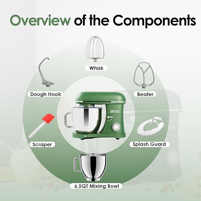 Kitchen in the box Stand Mixer - 6.5 Quart Mixing Bowl with Handle, 900 Watt Heavy Bread Dough Standing Mixers Tilt-head with Dough Hook, Whisk, Flat Beater and Splash Guard (Green)