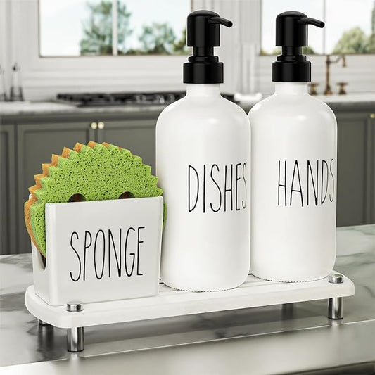 Cisily Kitchen Soap Dispenser Set Comes with Ceramics Sponge Holder, Gold Pumps, and Instant Dry Tray, Hand and Dish Soap Dispenser Set (4, Black + White + Sponge Holder)