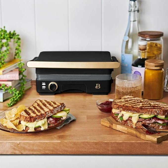 Panini Press Indoor Grill 1 2-in-1200W Non-Stick Removable Plates Sandwich Maker by Drew Barrymoree. (Black Seaseme)