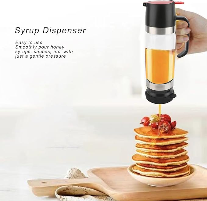 Honey Dispenser No Drip, 350ml Glass Syrup Dispenser for Coffee or Tea, Honey Jar with Handle, Removable Top and Bottom Cover, No Drip Pouring Honey Container Jar (Black)