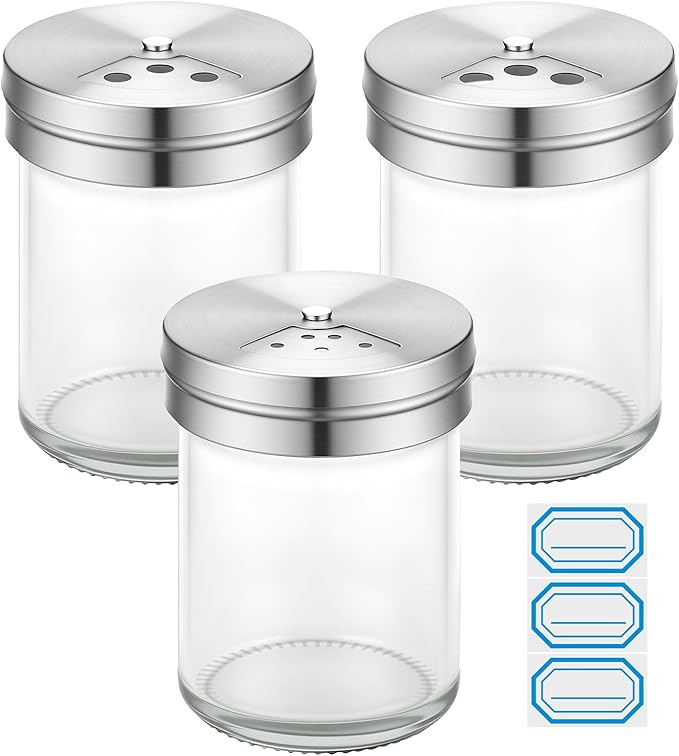 Segarty 1.7oz Mini Spice Jars with Metal Shaker Lids, 3 Pack 50ml Glass Seasonings Containers Adjustable Pour Holes for Kitchen Organization Condiments Storage, Salt Pepper Shakers 3 Labels for Picnic
