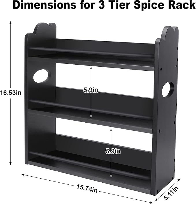 3 Tier Bamboo Spice Rack, Spice Rack Organizer, Seasoning Jars Rack Shelf Spice Organizer for Kitchen Counter or Wall Mounting, Spice Storage Holder with handles, Jars Not Included, Black