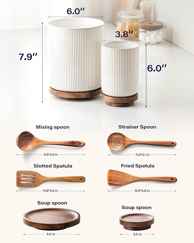 getstar Large Rotating Utensil Holder for Kitchen Counter,7.9"+6" Ceramic Utensils Crocks Set for Countertop Large & Small Utensil Organizer for Spatula Farmhouse Kitchen Decor