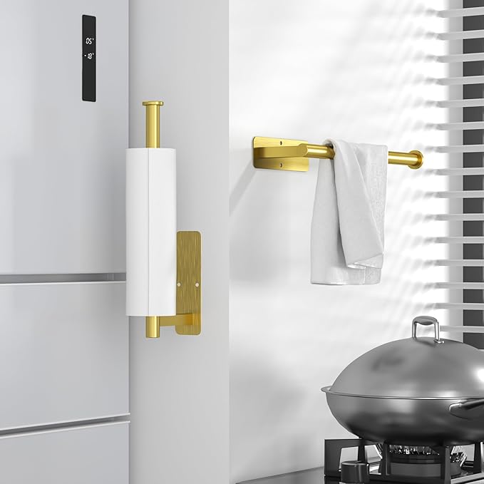 ASTOFLI Paper Towel Holder Under Cabinet No Drilling, Self Adhesive Paper Towel Holder Wall Mount for Kitchen Rack, Under Counter Napin Holder No Drill, RV, 304 Stainless Steel, Gold Brass